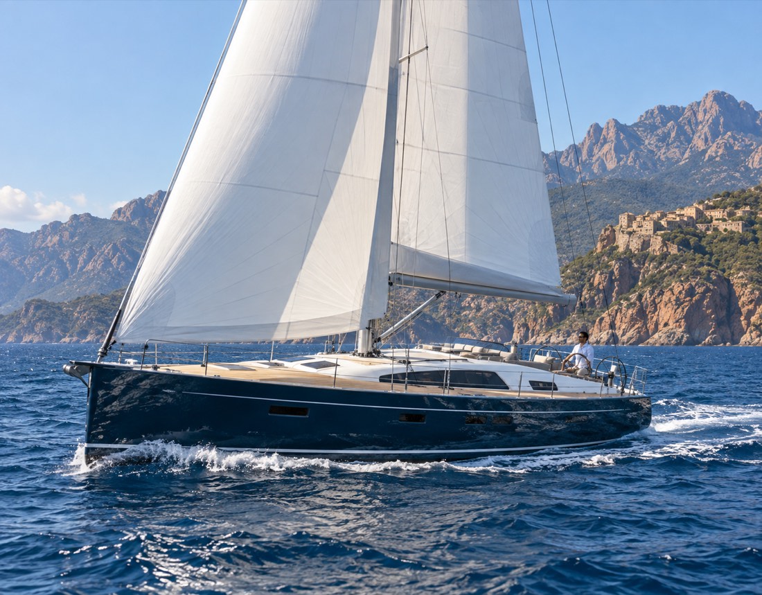 Illustrative image of a blue-hulled sailing yacht off Corsica