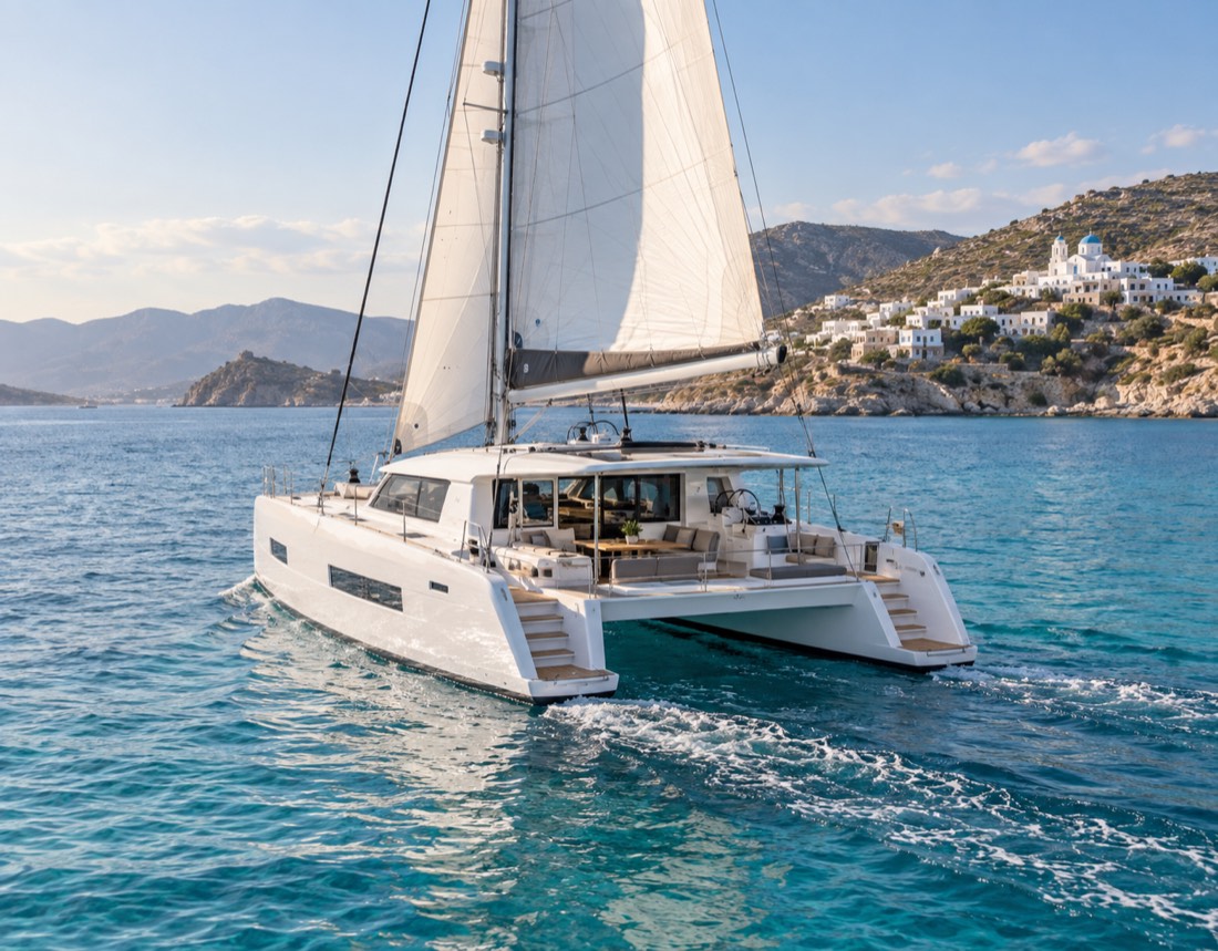 Illustrative image of a sailing catamaran in the Greek islands