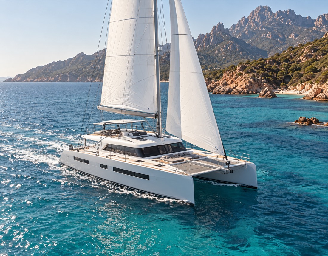 Illustrative image of a sailing catamaran near Corsica