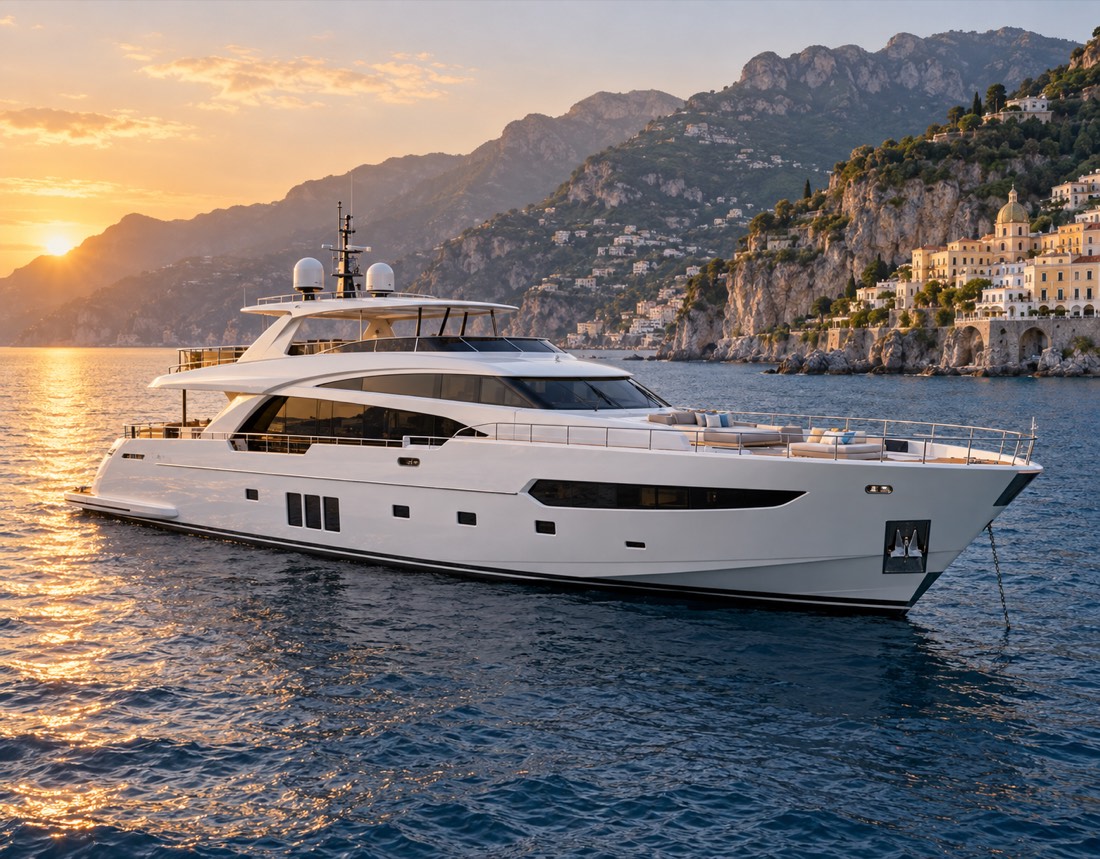 Illustrative image of a white motor yacht off the Amalfi Coast
